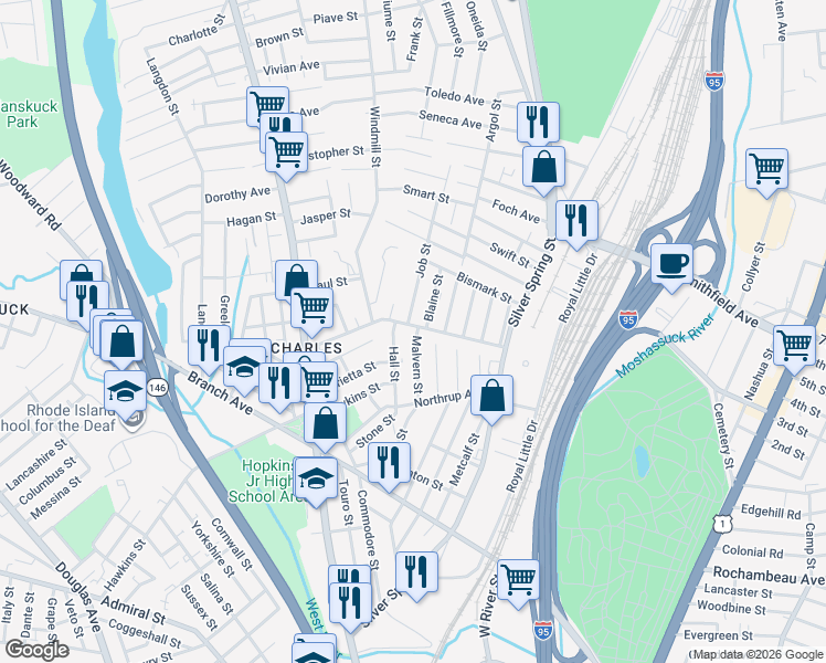 map of restaurants, bars, coffee shops, grocery stores, and more near 121 Ledge Street in Providence