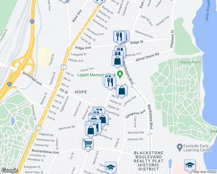 map of restaurants, bars, coffee shops, grocery stores, and more near 210 8th Street in Providence