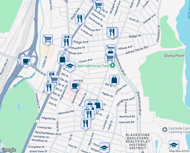 map of restaurants, bars, coffee shops, grocery stores, and more near 176 8th Street in Providence