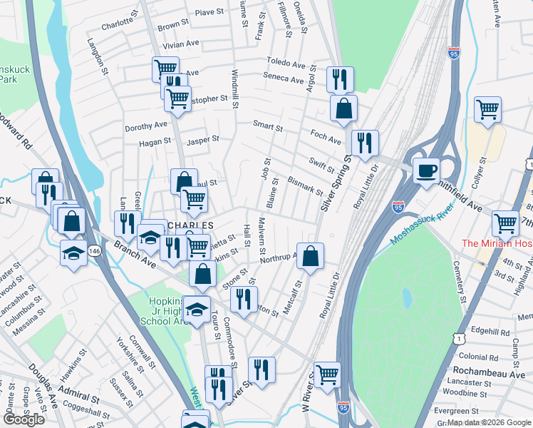 map of restaurants, bars, coffee shops, grocery stores, and more near 50 Malvern Street in Providence