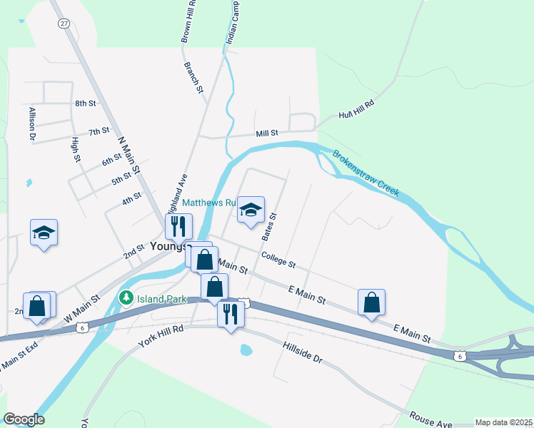 map of restaurants, bars, coffee shops, grocery stores, and more near 127 Bates Street in Youngsville