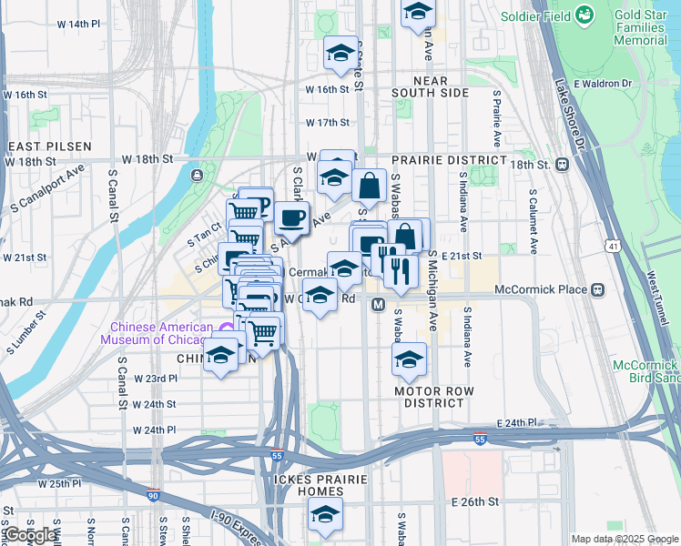 map of restaurants, bars, coffee shops, grocery stores, and more near 50 West Cermak Road in Chicago
