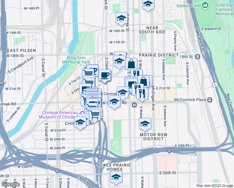 map of restaurants, bars, coffee shops, grocery stores, and more near 50 West Cermak Road in Chicago