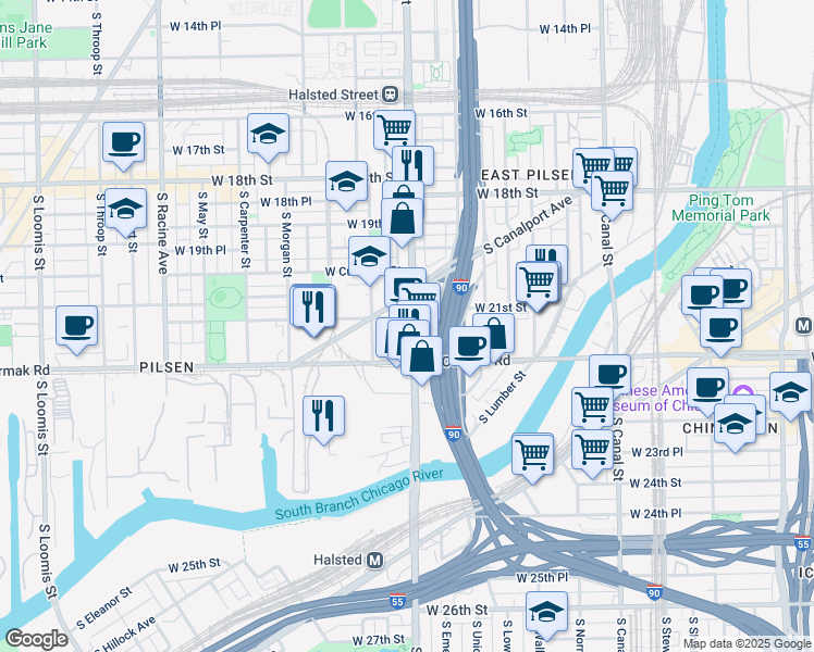 map of restaurants, bars, coffee shops, grocery stores, and more near 2143 South Halsted Street in Chicago