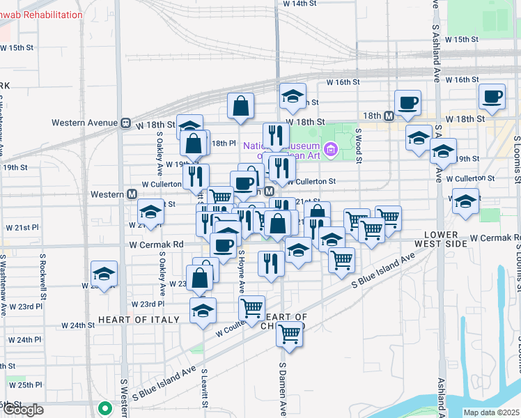 map of restaurants, bars, coffee shops, grocery stores, and more near 2015 West 21st Place in Chicago