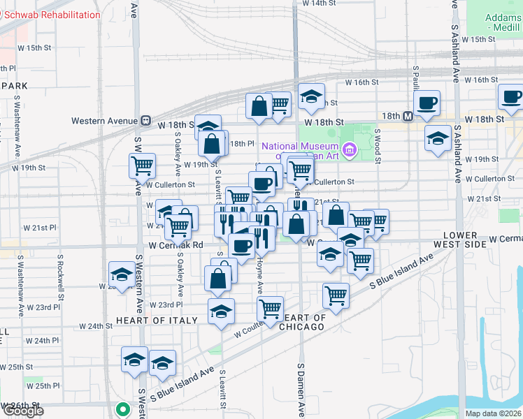 map of restaurants, bars, coffee shops, grocery stores, and more near 2057 West 21st Place in Chicago