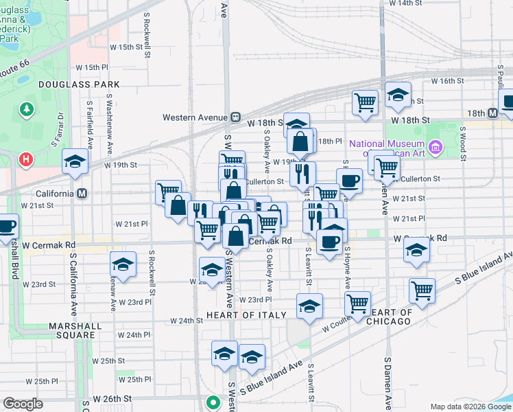 map of restaurants, bars, coffee shops, grocery stores, and more near 13 West 21st Place in Chicago