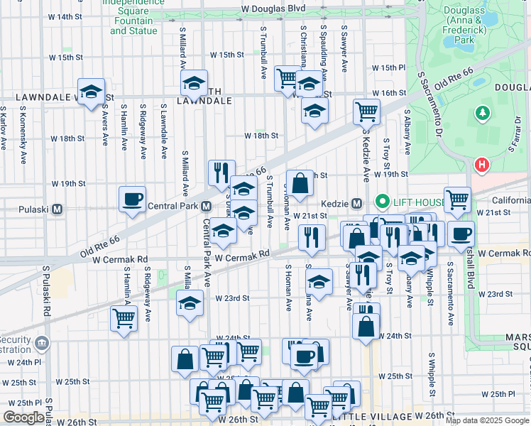 map of restaurants, bars, coffee shops, grocery stores, and more near 2117 South Trumbull Avenue in Chicago
