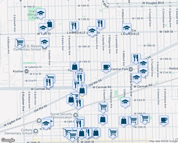 map of restaurants, bars, coffee shops, grocery stores, and more near 2111 South Harding Avenue in Chicago