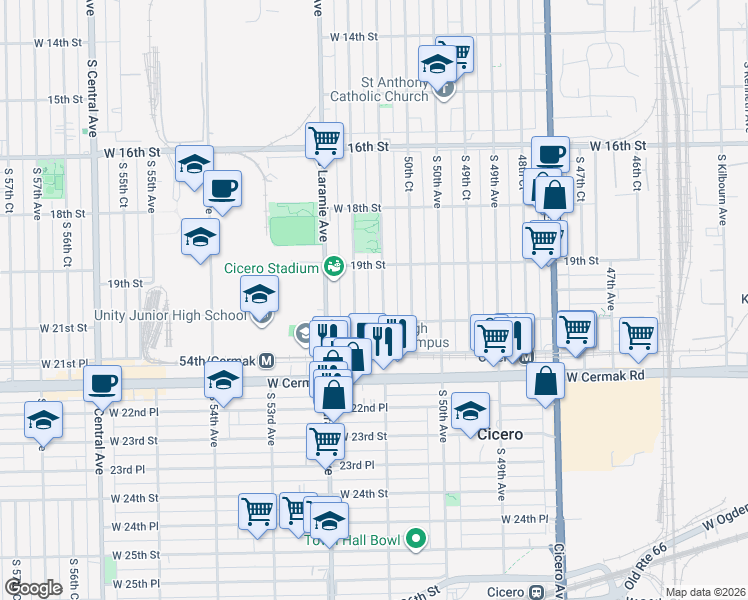 map of restaurants, bars, coffee shops, grocery stores, and more near 5033 West 21st Street in Cicero