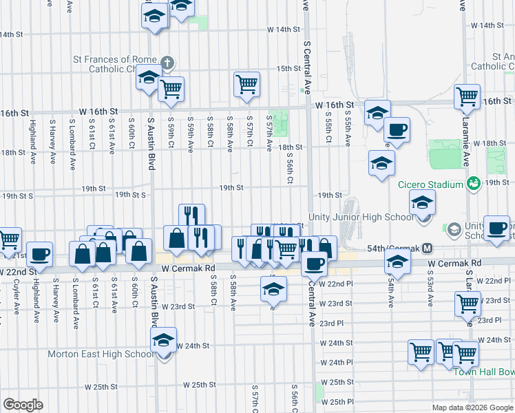 map of restaurants, bars, coffee shops, grocery stores, and more near 1932-34 South 57th Avenue in Cicero