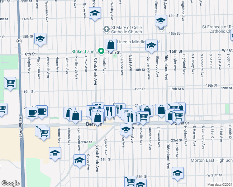 map of restaurants, bars, coffee shops, grocery stores, and more near 1929 Wesley Avenue in Berwyn
