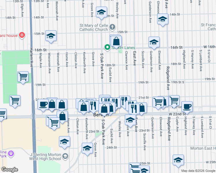 map of restaurants, bars, coffee shops, grocery stores, and more near 1929 Euclid Avenue in Berwyn