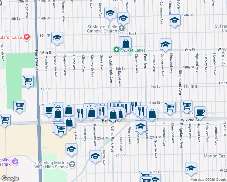 map of restaurants, bars, coffee shops, grocery stores, and more near 1930 Oak Park Avenue in Berwyn