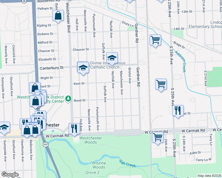 map of restaurants, bars, coffee shops, grocery stores, and more near 1854 Norfolk Avenue in Westchester