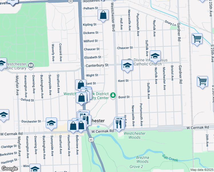 map of restaurants, bars, coffee shops, grocery stores, and more near 1837 Balmoral Avenue in Westchester