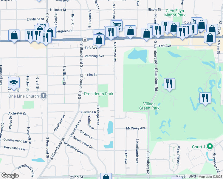 map of restaurants, bars, coffee shops, grocery stores, and more near 1338 South Lorraine Road in Wheaton