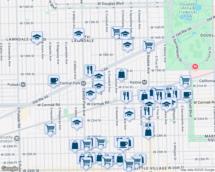 map of restaurants, bars, coffee shops, grocery stores, and more near 1966 South Trumbull Avenue in Chicago