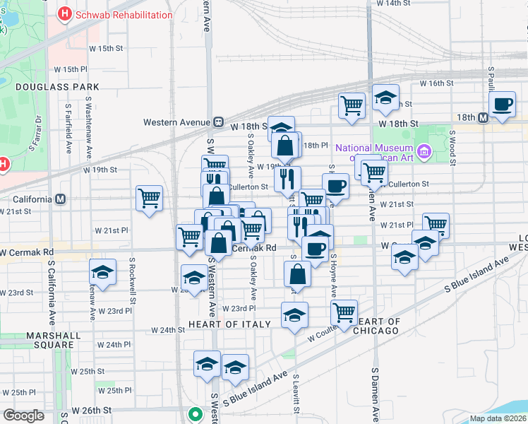 map of restaurants, bars, coffee shops, grocery stores, and more near 2245 West 21st Street in Chicago