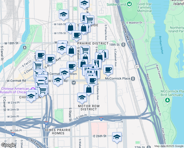 map of restaurants, bars, coffee shops, grocery stores, and more near 140-198 East Cermak Road in Chicago