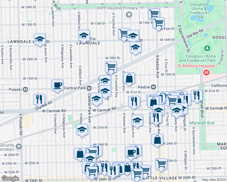 map of restaurants, bars, coffee shops, grocery stores, and more near 3434 West 21st Street in Chicago