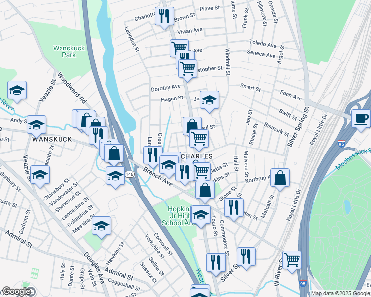 map of restaurants, bars, coffee shops, grocery stores, and more near 70 Russo Street in Providence
