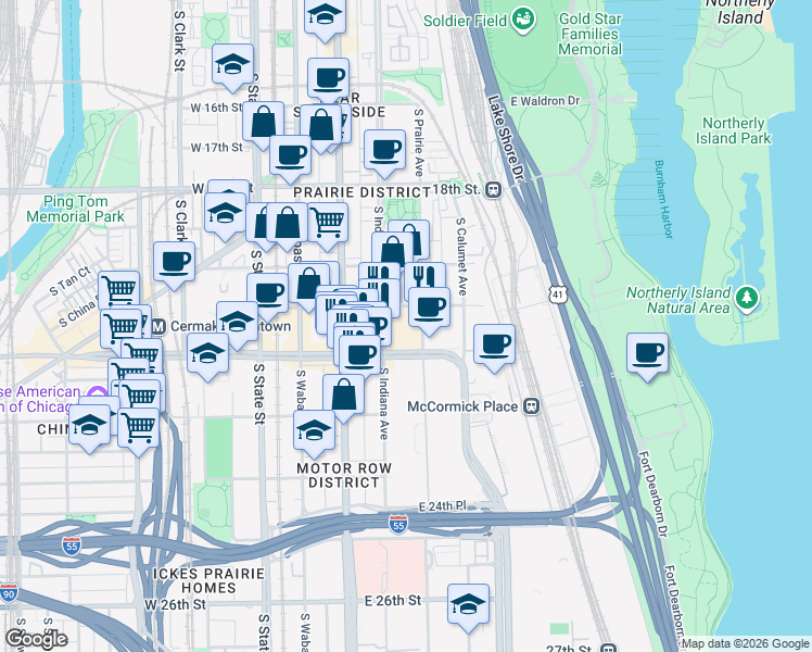 map of restaurants, bars, coffee shops, grocery stores, and more near 200 East Cermak Road in Chicago