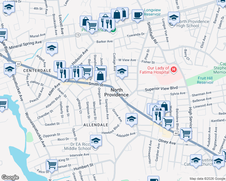 map of restaurants, bars, coffee shops, grocery stores, and more near in North Providence