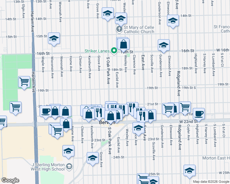map of restaurants, bars, coffee shops, grocery stores, and more near 1929 Euclid Avenue in Berwyn