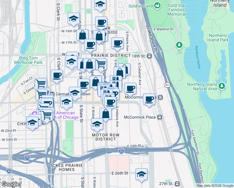 map of restaurants, bars, coffee shops, grocery stores, and more near in Chicago