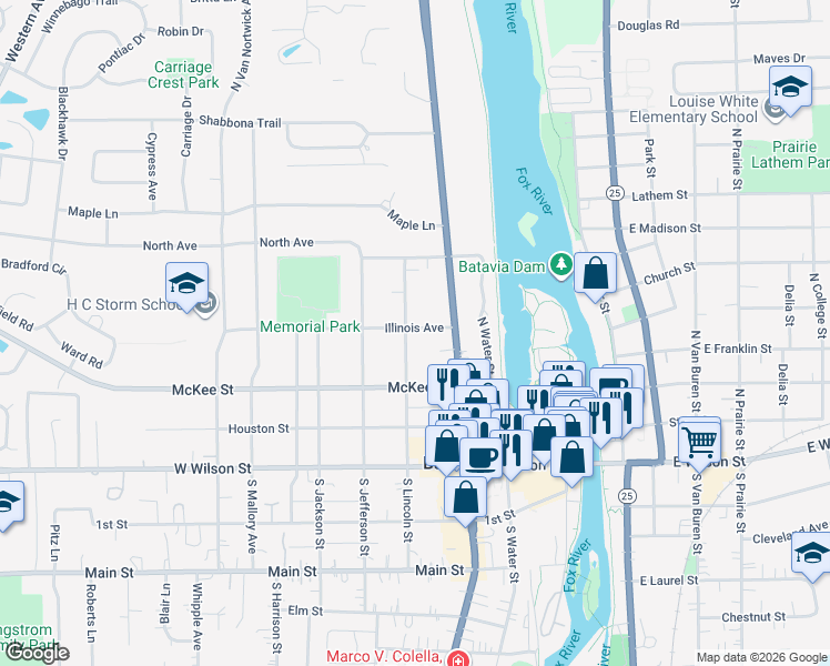 map of restaurants, bars, coffee shops, grocery stores, and more near 318 North Lincoln Street in Batavia