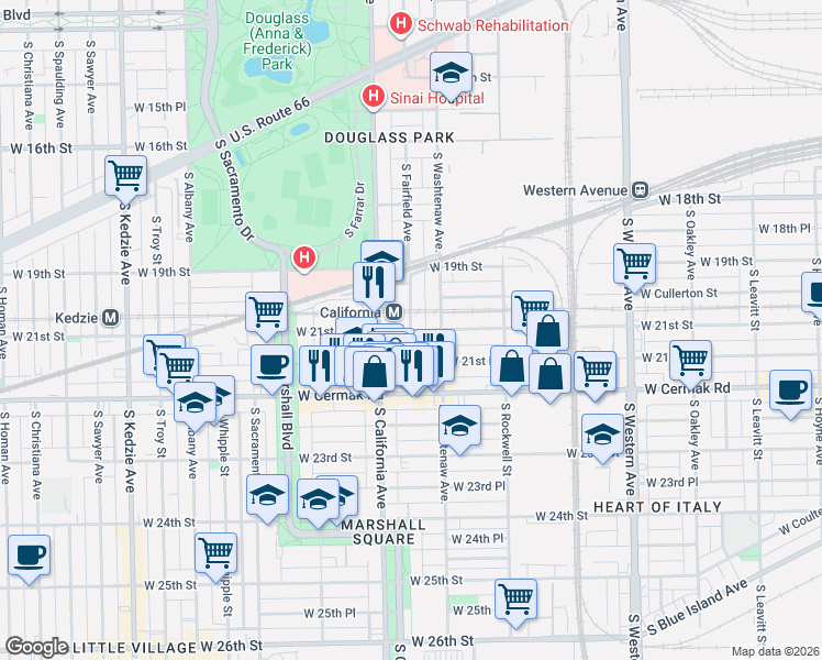 map of restaurants, bars, coffee shops, grocery stores, and more near W 21st St & S Fairfield Ave in Chicago