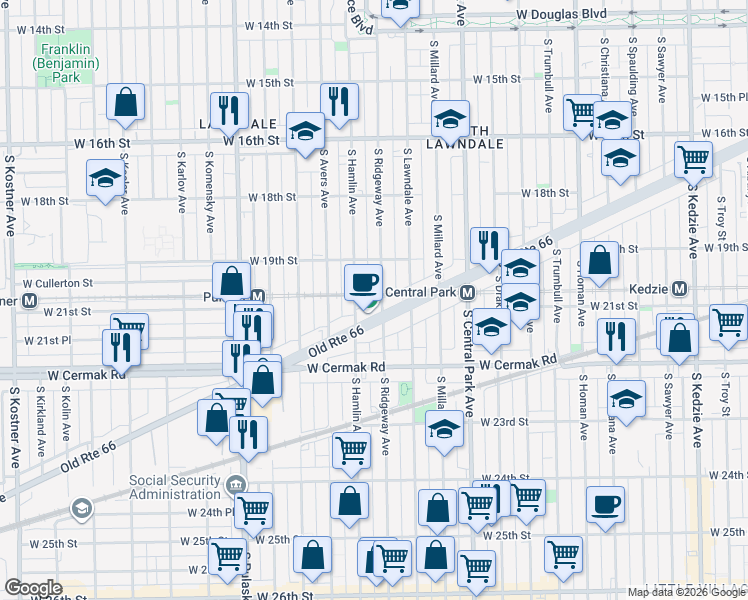 map of restaurants, bars, coffee shops, grocery stores, and more near 1917 South Ridgeway Avenue in Chicago