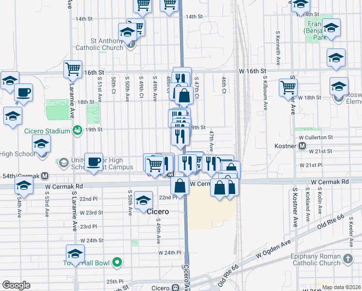 map of restaurants, bars, coffee shops, grocery stores, and more near 1930 South Cicero Avenue in Cicero