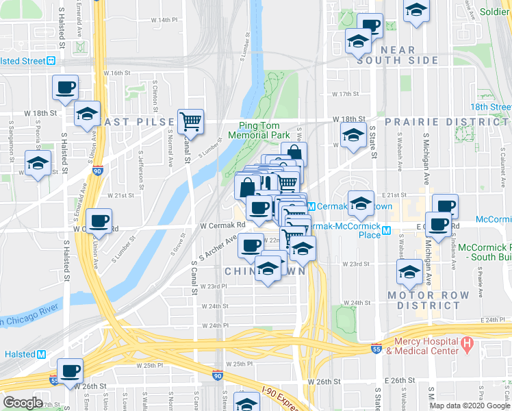 map of restaurants, bars, coffee shops, grocery stores, and more near 2157 South China Place in Chicago