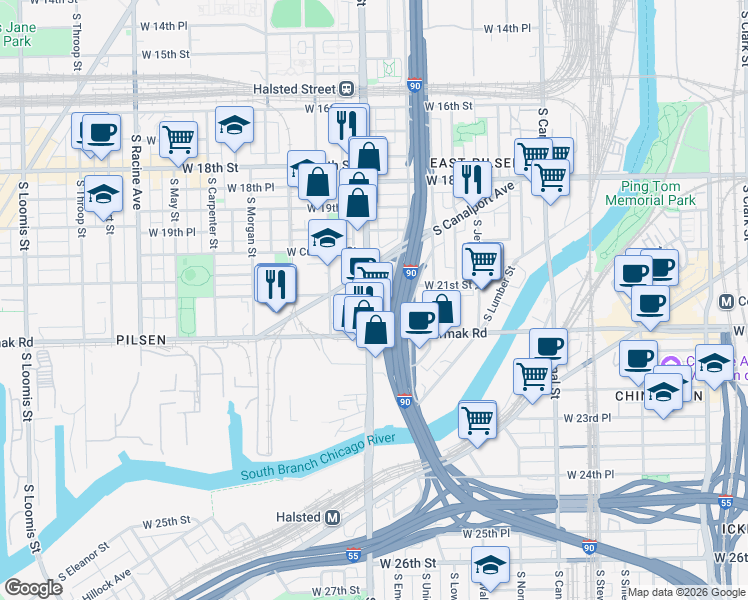 map of restaurants, bars, coffee shops, grocery stores, and more near 2111 South Halsted Street in Chicago