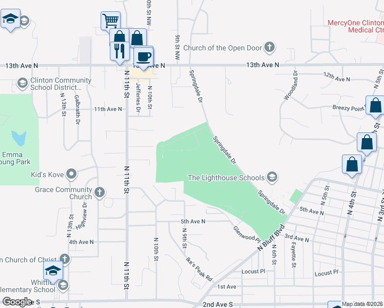 map of restaurants, bars, coffee shops, grocery stores, and more near 700-794 Springdale Drive in Clinton