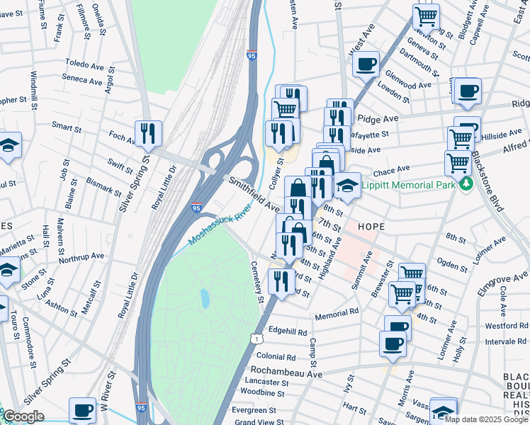map of restaurants, bars, coffee shops, grocery stores, and more near 47 Matilda Street in Providence
