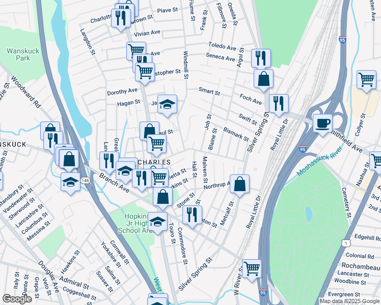 map of restaurants, bars, coffee shops, grocery stores, and more near 21 Windmill Street in Providence