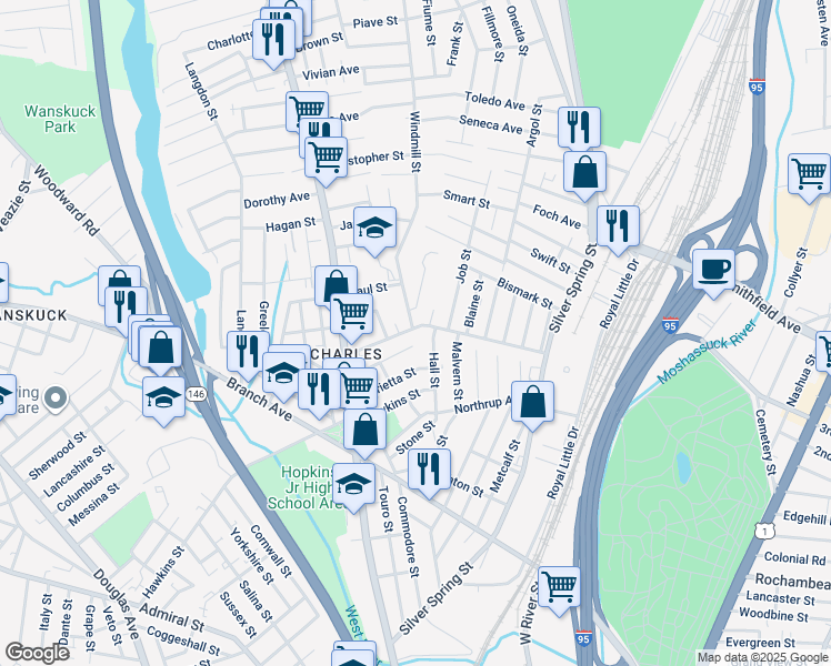 map of restaurants, bars, coffee shops, grocery stores, and more near 21 Windmill Street in Providence