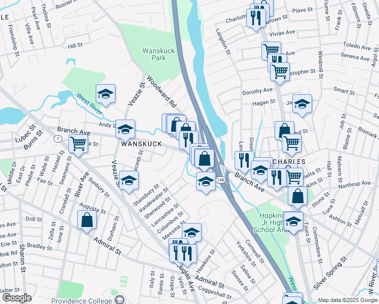 map of restaurants, bars, coffee shops, grocery stores, and more near 711 Branch Avenue in Providence