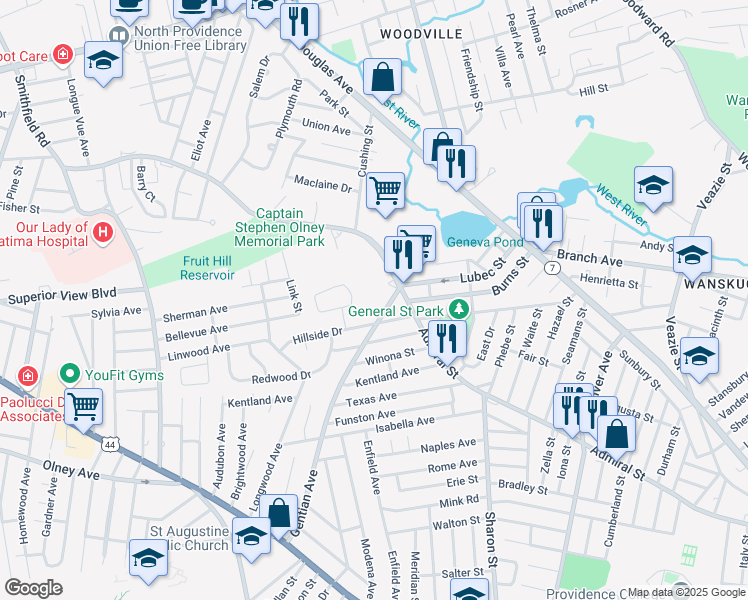 map of restaurants, bars, coffee shops, grocery stores, and more near 4 Smithfield Road in North Providence