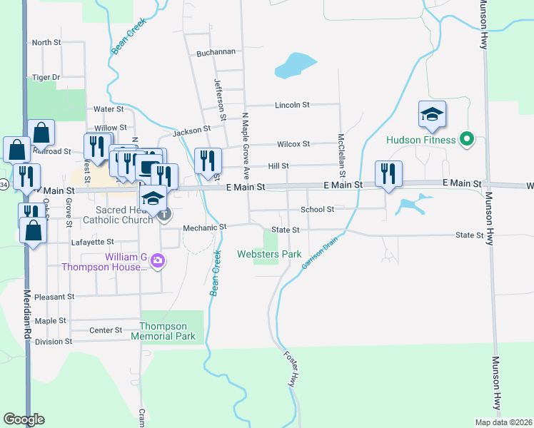 map of restaurants, bars, coffee shops, grocery stores, and more near 109 South Maple Grove Avenue in Hudson