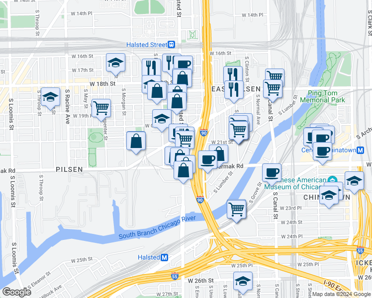 map of restaurants, bars, coffee shops, grocery stores, and more near in Chicago