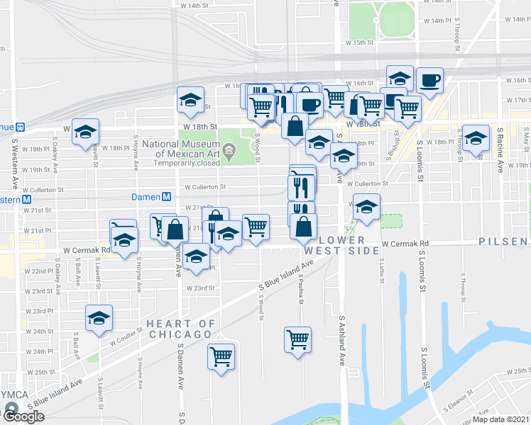 map of restaurants, bars, coffee shops, grocery stores, and more near 1748 West 21st Street in Chicago