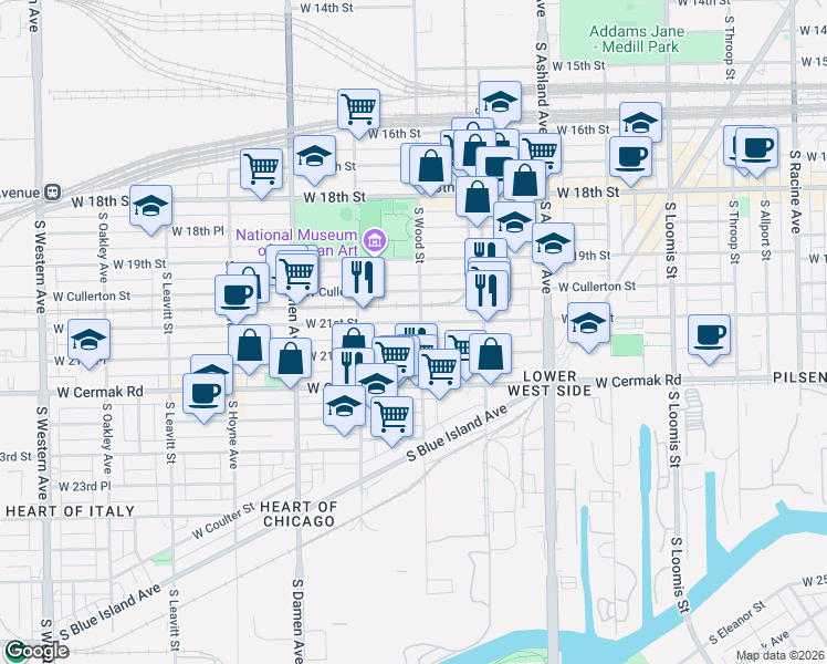 map of restaurants, bars, coffee shops, grocery stores, and more near 1822 West 21st Street in Chicago