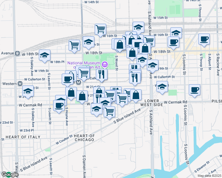 map of restaurants, bars, coffee shops, grocery stores, and more near 1822 West 21st Street in Chicago