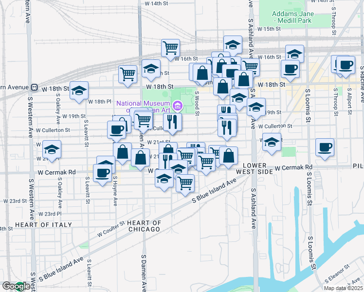 map of restaurants, bars, coffee shops, grocery stores, and more near 1822 West 21st Street in Chicago