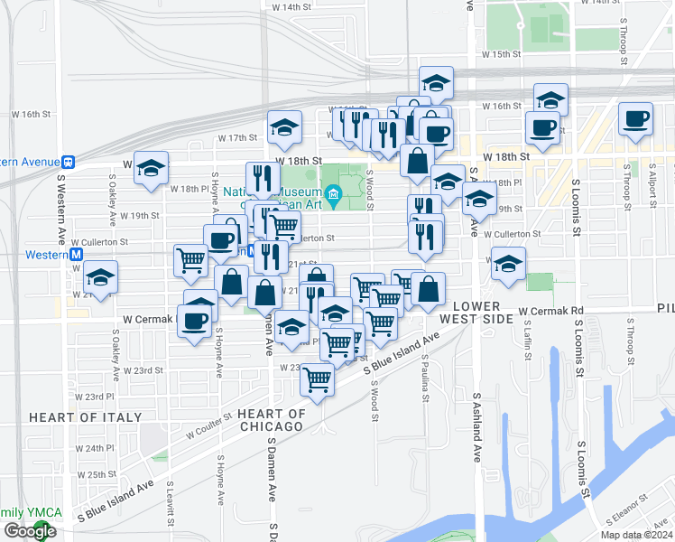 map of restaurants, bars, coffee shops, grocery stores, and more near 1822 West 21st Street in Chicago