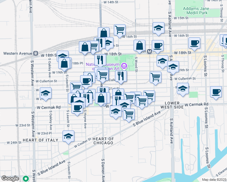 map of restaurants, bars, coffee shops, grocery stores, and more near 1934 West 21st Street in Chicago